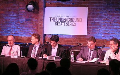 At a September 4, 2015 debate at the Comedy Cellar, lawyer Alan Dershowitz and Georgetown Prof. Matthew Kroenig argued against the Iran Deal. Dr. Jim Walsh of MIT and Fred Kaplan, an author and columnist for Slate, were in support of the deal. Harry Enten, a political writer for the news website fivethirtyeight.com, moderated. (Luke Tress/The Times of Israel)