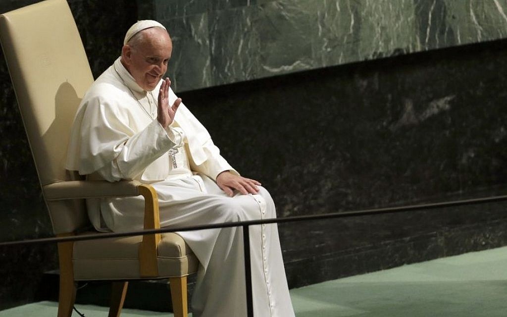 Pope Francis waves at the audience while sitting in the head of state chair after addressing the 70th session of the United Nations General Assembly, Friday, Sept. 25, 2015 at United Nations headquarters. (AP Photo/Mary Altaffer) Pope Francis waves at the audience while sitting in the head of state chair after addressing the 70th session of the United Nations General Assembly, Friday, Sept. 25, 2015 at United Nations headquarters. (AP Photo/Mary Altaffer)