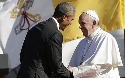 President Barack Obama shakes hands with Pope Francis after this welcoming speech during the state arrival ceremony on the South Lawn of the White House in Washington, Sept. 23, 2015. (AP/Pablo Martinez Monsivais)