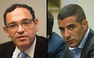 Outgoing Knesset members Shai Piron (left) and Sharon Gal (Yonatan Sindel/Miriam Alster/Flash90)