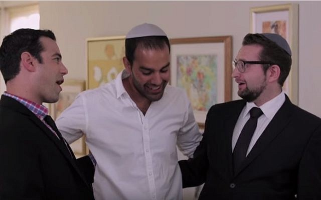 Chaimie (Jamie Elman) and Leizer (Eli Batalion) congratulate their friend Samir (Abdul Butt) on his conversion to Judaism in 'YidLife Crisis.' (YouTube) Chaimie (Jamie Elman) and Leizer (Eli Batalion) congratulate their friend Samir (Abdul Butt) on his conversion to Judaism in 'YidLife Crisis.' (YouTube)