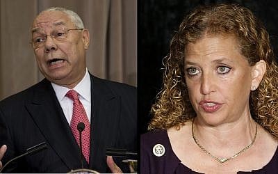 Colin Powell and Debbie Wasserman Schultz in images taken on September 3, 2015 (Carolyn Kaster/AP; Joel Auerbach/ AP)