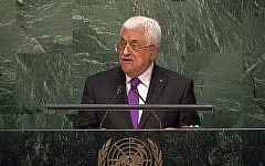 Palestinian Authority President Mahmoud Abbas addresses the UN General Assembly in New York on Wednesday, September 30, 2015 (screen capture YouTube)