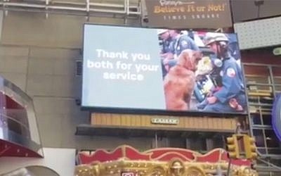 A billboard in Times Square, New York thanks 9/11 rescue dog Bretagne and her handler Denise Corliss for their service, on September 11, 2015. (screen capture: Sky News) 