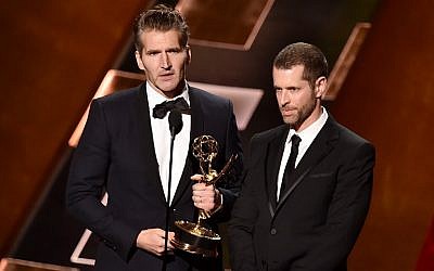 Writers David Benioff (L) and D.B. Weiss accept Outstanding Writing for a Drama Series award for 'Game of Thrones' onstage during the 67th Annual Primetime Emmy Awards at Microsoft Theater on September 20, 2015 in Los Angeles, California.  (Kevin Winter/Getty Images/AFP)