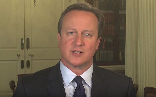 British Prime Minister David Cameron during a videoed Rosh Hashana message to the Jewish community, September 2015. (YouTube/10 Downing Street)