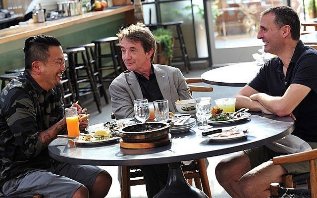 A scene from the new PBS show 'I'll Have What Phil's Having' with (from left) Chef Roy Choi, Martin Short and Phil Rosenthal. (Courtesy WGBH/via JTA)