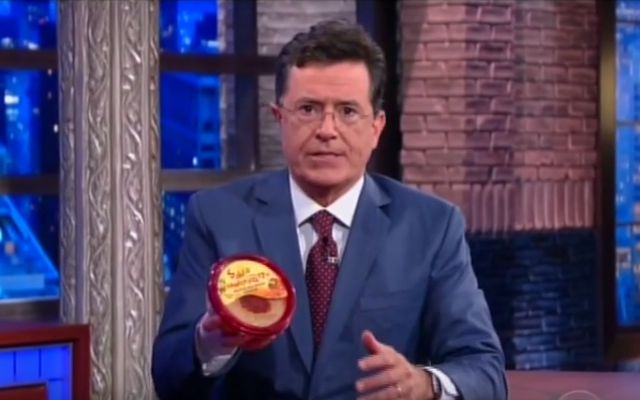 Stephen Colbert plugs Sabra Hummus during his premiere as "Late Show" host on September 8, 2015 (Screen capture via YouTube) Stephen Colbert plugs Sabra Hummus during his premiere as "Late Show" host on September 8, 2015 (Screen capture via YouTube)