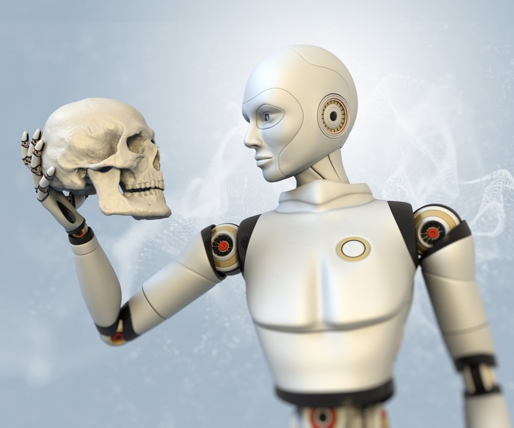 death (Photo: Cyborg holding human skull image via Shutterstock)