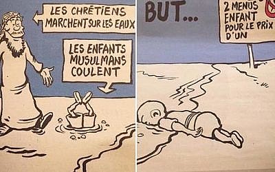 New Charlie Hebdo cartoons depicting drowned Syrian child Aylan Kurdi, published in the magazine's issue of September 9, 2015. (Charlie Hebdo) New Charlie Hebdo cartoons depicting drowned Syrian child Aylan Kurdi, published in the magazine's issue of September 9, 2015. (Charlie Hebdo)