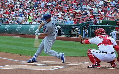 Joc Pederson taking a swing against the Washington Nationals, August 12, 2015. (Hillel Kuttler/JTA)