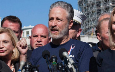 Jon Stewart speaking on Capitol Hill, September 16, 2015. (JTA/Twitter)