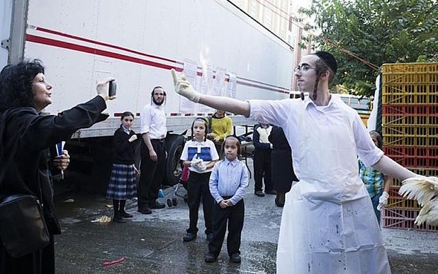 A Hasidic man expressing his views to an anti-kapparot activist in Brooklyn, New York, Sept. 17, 2015. (JTA) A Hasidic man expressing his views to an anti-kapparot activist in Brooklyn, New York, Sept. 17, 2015. (JTA)