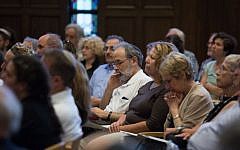 Gathered at Boston's Temple Israel on September 9, 2015, up to 200 community members held a Memorial and Solidarity Gathering for victims of violent Jewish extremism in Israel during the past summer (Elan Kawesch/The Times of Israel)