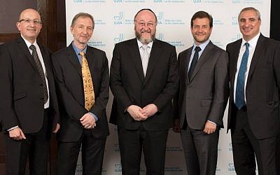 UJIA chief executive Michael Wegier, David Horovitz, Chief Rabbi Ephraim Mirvis, UJIA Chairman Bill Benjamin, and Israel's deputy head of mission Eitan Na'eh at the UJIA Annual Dinner, London, September 21, 2015 (Blake Ezra Photography/ UJIA) UJIA chief executive Michael Wegier, David Horovitz, Chief Rabbi Ephraim Mirvis, UJIA Chairman Bill Benjamin, and Israel's deputy head of mission Eitan Na'eh at the UJIA Annual Dinner, London, September 21, 2015 (Blake Ezra Photography/ UJIA)