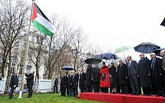 The Palestinian flag is raised outside the headquarters of the UN Educational, Scientific and Cultural Organization (UNESCO) in Paris, in a formal ceremony marking Palestine’s full admission into the organization as its 195th member, in December 2011. (UN/UNESCO/Danica Bijeljac)