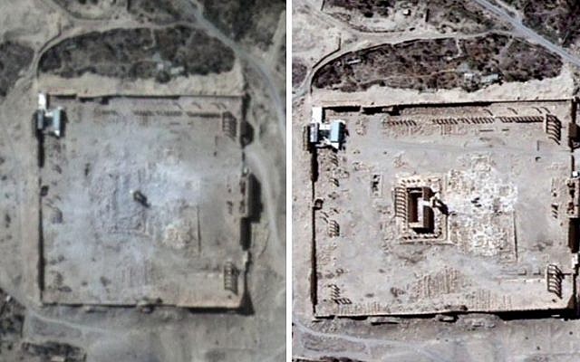 This combination of two satellite images shows damage to the ancient Temple of Bel in Palmyra, Syria on August 31, 2015 (L) and before a massive explosion destroyed the 2,000-year-old temple in the city occupied by Islamic State militants  August 27, 2015 (R).  (UNITAR-UNOSAT via AP)