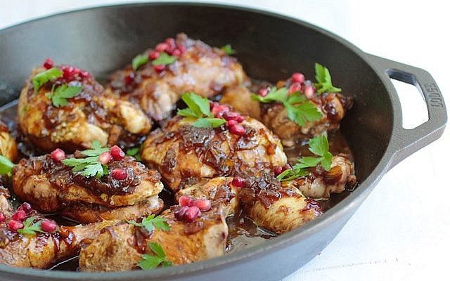 Pomegranate and Honey Glazed Chicken for a festive, and meaningful, main course this Rosh Hashanah. (JTA) Pomegranate and Honey Glazed Chicken for a festive, and meaningful, main course this Rosh Hashanah. (JTA)