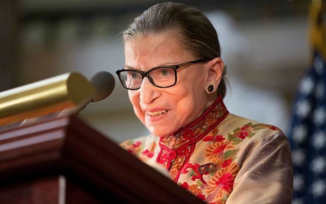 US Supreme Court Justice Ruth Bader Ginsburg speaking at an annual Women's History Month reception hosted by House Minority Leader Nancy Pelosi at the U.S. Capitol in Washington, D.C., March 18, 2015. (Allison Shelley/Getty Images/via JTA) US Supreme Court Justice Ruth Bader Ginsburg speaking at an annual Women's History Month reception hosted by House Minority Leader Nancy Pelosi at the U.S. Capitol in Washington, D.C., March 18, 2015. (Allison Shelley/Getty Images/via JTA)