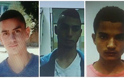 Three of the four Palestinian suspects arrested for a fatal rock-throwing attack on September 13, 2015 in Jerusalem that killed Alexander Levlovitz. From left to right: Abed Muhammad Abed Rabu Dawiat, 19, Muhammad Salah Muhammad Abu Kaf, 18 and Walid Fares Mustafa Atrash, 18. (Shin Bet)