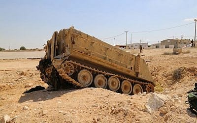 An upended tank replicating an attack at the IDF's Tseelim Base in the Negev (Eric Cortellessa/Times of Israel) An upended tank replicating an attack at the IDF's Tseelim Base in the Negev (Eric Cortellessa/Times of Israel)