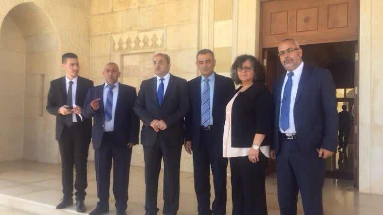 The delegation of Jont (Arab) Lift Knesset Members in Amman, Jordan on September 20, 2015. From R to L: MK Osama Silwadi, MK Aida Touma-Silman, MK Dr. Jamal Zahalka, MK Ahmad Tibi, MK Taleb Abu Arar. (courtesy Joint List) The delegation of Jont (Arab) Lift Knesset Members in Amman, Jordan on September 20, 2015. From R to L: MK Osama Silwadi, MK Aida Touma-Silman, MK Dr. Jamal Zahalka, MK Ahmad Tibi, MK Taleb Abu Arar. (courtesy Joint List)