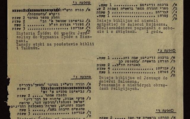 A Jewish school timetable from the Krakow gehtto in 1941. (Shem Olam) A Jewish school timetable from the Krakow gehtto in 1941. (Shem Olam)