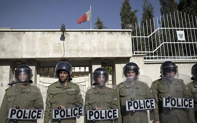 Iranian riot policemen standing guard outside the Bahraini Embassy in Tehran as Iranian hardliners hold a demonstration against the Bahraini government's suppression of protests led by the mainly-Shiite opposition in the kingdom, April 15, 2011. (AFP/Behrouz Mehri, File) Iranian riot policemen standing guard outside the Bahraini Embassy in Tehran as Iranian hardliners hold a demonstration against the Bahraini government's suppression of protests led by the mainly-Shiite opposition in the kingdom, April 15, 2011. (AFP/Behrouz Mehri, File)