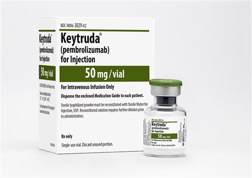 This product image provided by Merck shows packaging for its Keytruda cancer drug. (AP Photo/Merck & Co., Inc.) This product image provided by Merck shows packaging for its Keytruda cancer drug. (AP Photo/Merck & Co., Inc.)