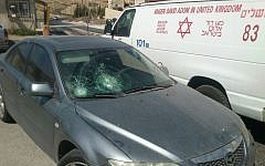 A car after being stoned near the Israeli settlement of Tekoa on October 1, 2015. (Tekoa security)