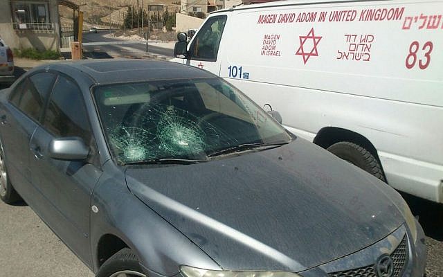 A car after being stoned near the Israeli settlement of Tekoa on October 1, 2015. (Tekoa security) A car after being stoned near the Israeli settlement of Tekoa on October 1, 2015. (Tekoa security)