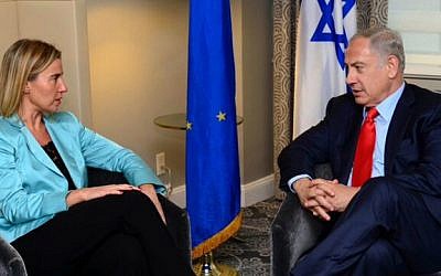 EU foreign policy chief Federica Mogherini (left) meets with Prime Minister Benjamin Netanyahu in New York, September 30, 2015. (Courtesy PMO) EU foreign policy chief Federica Mogherini (left) meets with Prime Minister Benjamin Netanyahu in New York, September 30, 2015. (Courtesy PMO)