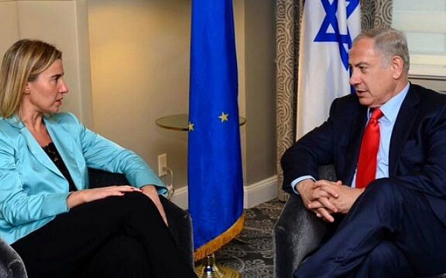 EU foreign policy chief Federica Mogherini (left) meets with Prime Minister Benjamin Netanyahu in New York, September 30, 2015. (Courtesy PMO) EU foreign policy chief Federica Mogherini (left) meets with Prime Minister Benjamin Netanyahu in New York, September 30, 2015. (Courtesy PMO)