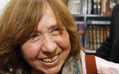 Belarusian journalist and writer Svetlana Alexievich, winner of the 2015 Nobel Prize for Literature, at a news conference in Minsk, Belarus, on October 8, 2015. (AP/Sergei Grits)
