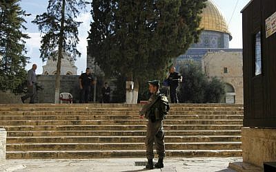 Israeli police stand guard at the entrance to the al-Aqsa compound on the Temple Mount in Jerusalem's Old City Thursday, Oct. 8, 2015. (AP Photo/Mahmoud Illean)