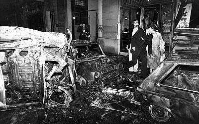 The scene on October 3, 1980, after the bombing of the Copernic street synagogue, in Paris, that killed four people. (AP Photo/Remy de la Mauviniere)