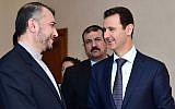 Syrian President Bashar Assad, right, speaks with Iran's Deputy Foreign Minister Hossein Amir Abdollahian, left, in Damascus, Syria, Thursday, Sept. 3, 2015 (Syrian presidency Facebook page)