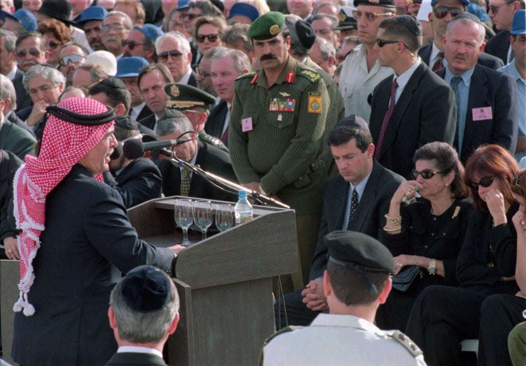 Jordan's King Hussein addresses mourners at the funeral of Yitzhak Rabin, in Jerusalem, Monday, November 6, 1995. At right are Yuval, Leah and Dalia Rabin. (AP Photo/Michel Lipchitz) Jordan's King Hussein addresses mourners at the funeral of Yitzhak Rabin, in Jerusalem, Monday, November 6, 1995. At right are Yuval, Leah and Dalia Rabin. (AP Photo/Michel Lipchitz)