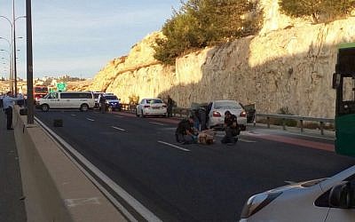 Medics at the scene of an attempted suicide bombing near Jerusalem on Sunday morning, October 11, 2015 (Courtesy of Israel Police) Medics at the scene of an attempted suicide bombing near Jerusalem on Sunday morning, October 11, 2015 (Courtesy of Israel Police)