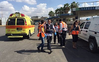 Magen David Adom paramedics arrive at the scene of an attempted stabbing in the Afula bus station on Friday, October 9, 2015. The would-be attacker, an Arab woman, was shot by a security guard. (Magen David Adom) Magen David Adom paramedics arrive at the scene of an attempted stabbing in the Afula bus station on Friday, October 9, 2015. The would-be attacker, an Arab woman, was shot by a security guard. (Magen David Adom)
