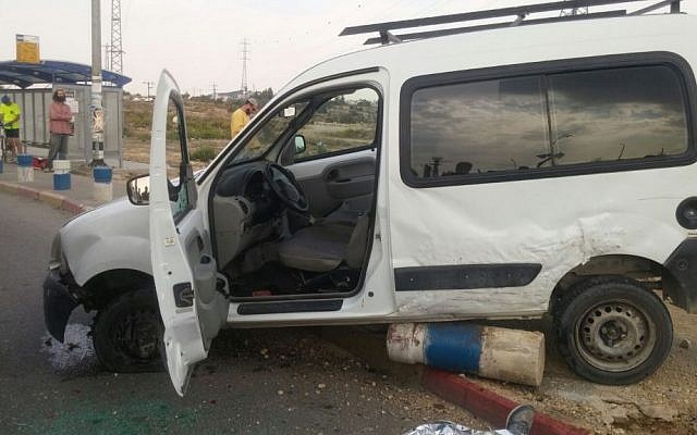 A photo of the car involved in a suspected terror attack Monday near the West Bank's Gush Etzion junction, south of Jerusalem. (Magen David Adom)