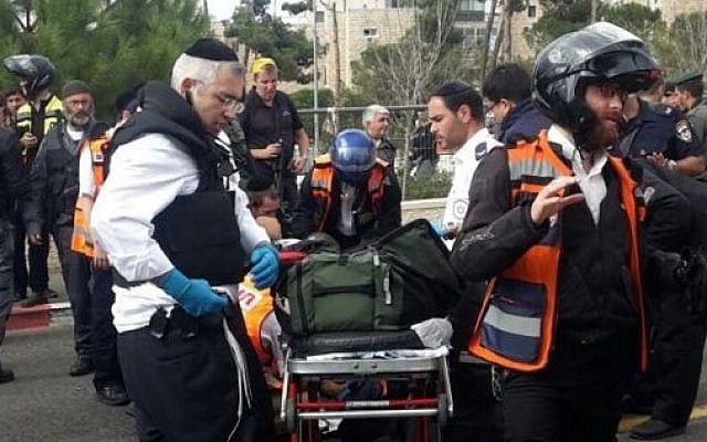 Paramedics arrive at the scene of a stabbing attack in the Ammunition Hill of Jerusalem on Oct. 30, 2015. (Magen David Adom) Paramedics arrive at the scene of a stabbing attack in the Ammunition Hill of Jerusalem on Oct. 30, 2015. (Magen David Adom)