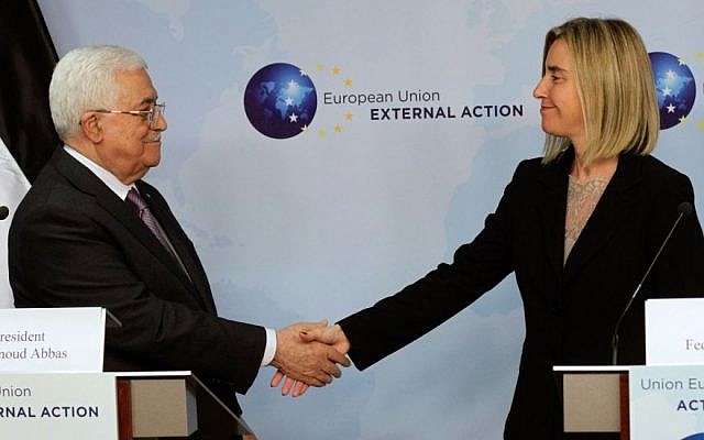 European Union High Representative Federica Mogherini, right, shakes hands with Palestinian Authority President Mahmoud Abbas prior to a meeting at the EU External Action Service building in Brussels on Monday, Oct. 26, 2015. (AP/Francois Walschaerts) European Union High Representative Federica Mogherini, right, shakes hands with Palestinian Authority President Mahmoud Abbas prior to a meeting at the EU External Action Service building in Brussels on Monday, Oct. 26, 2015. (AP/Francois Walschaerts)
