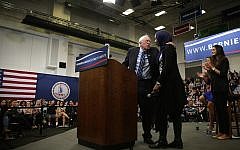 Democratic presidential candidate Sen. Bernie Sanders, I-Vt., hugging Muslim student Remaz Abdelgader during a “National Student Town Hall” at George Mason University in Fairfax, Virginia, October 28, 2015. (Alex Wong/Getty Images, via JTA)