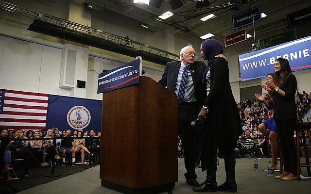 Democratic presidential candidate Sen. Bernie Sanders, I-Vt., hugging Muslim student Remaz Abdelgader during a “National Student Town Hall” at George Mason University in Fairfax, Virginia, October 28, 2015. (Alex Wong/Getty Images, via JTA) Democratic presidential candidate Sen. Bernie Sanders, I-Vt., hugging Muslim student Remaz Abdelgader during a “National Student Town Hall” at George Mason University in Fairfax, Virginia, October 28, 2015. (Alex Wong/Getty Images, via JTA)