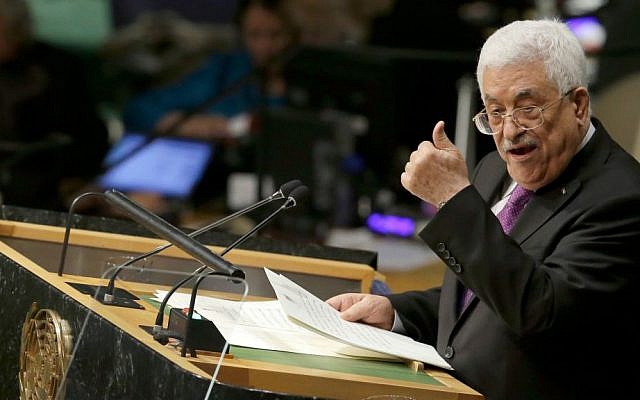 Palestinian Authority President Mahmoud Abbas addresses the 70th session of the United Nations General Assembly, at UN Headquarters, September 30, 2015. (AP/Mary Altaffer) Palestinian Authority President Mahmoud Abbas addresses the 70th session of the United Nations General Assembly, at UN Headquarters, September 30, 2015. (AP/Mary Altaffer)