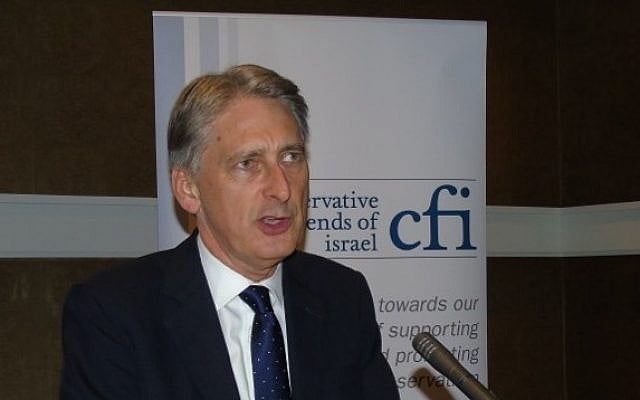 Newly appointed British chancellor of the exchequer, Philip Hammond, addresses the Conservative Friends of Israel, Manchester, October 6, 2015. (Conservative Friends of Israel) Newly appointed British chancellor of the exchequer, Philip Hammond, addresses the Conservative Friends of Israel, Manchester, October 6, 2015. (Conservative Friends of Israel)