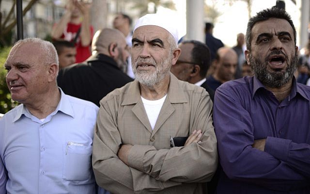 Islamic Movement leader Raed Salah (center) takes part in a rally in Tel Aviv's Rabin Square on April 28, 2015. (Tomer Neuberg/Flash90) Islamic Movement leader Raed Salah (center) takes part in a rally in Tel Aviv's Rabin Square on April 28, 2015. (Tomer Neuberg/Flash90)