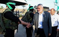 Senior Hamas leader Ismail Haniyeh arrives at a youth summer camp, organized by the Hamas movement, in Rafah in the southern Gaza Strip, August 1, 2015. (Abed Rahim Khatib/Flash90)