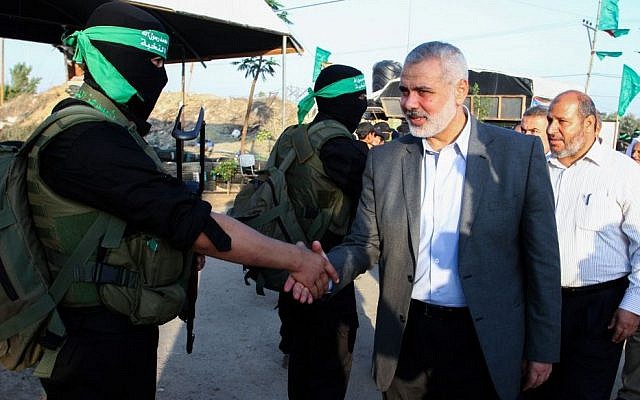 Senior Hamas leader Ismail Haniyeh arrives at a youth summer camp, organized by the Hamas movement, in Rafah in the southern Gaza Strip, August 1, 2015. (Abed Rahim Khatib/Flash90) Senior Hamas leader Ismail Haniyeh arrives at a youth summer camp, organized by the Hamas movement, in Rafah in the southern Gaza Strip, August 1, 2015. (Abed Rahim Khatib/Flash90)